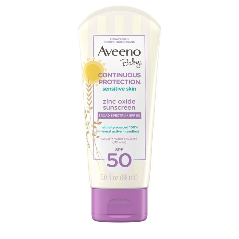 slide 1 of 7, Aveeno Baby Continuous Protection Sensitive - Zinc Oxide with Broad Spectrum Skin Lotion Sunscreen - SPF 50 - 3 fl oz, 0 x 3 fl oz