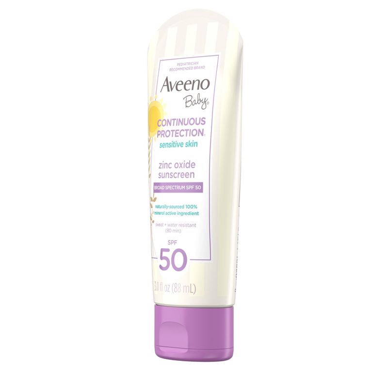 slide 4 of 6, Aveeno Baby Continuous Protection Sensitive Skin Lotion Zinc Oxide Sunscreen, Broad Spectrum SPF 50 - 3 fl oz, 50 ct; 3 fl oz