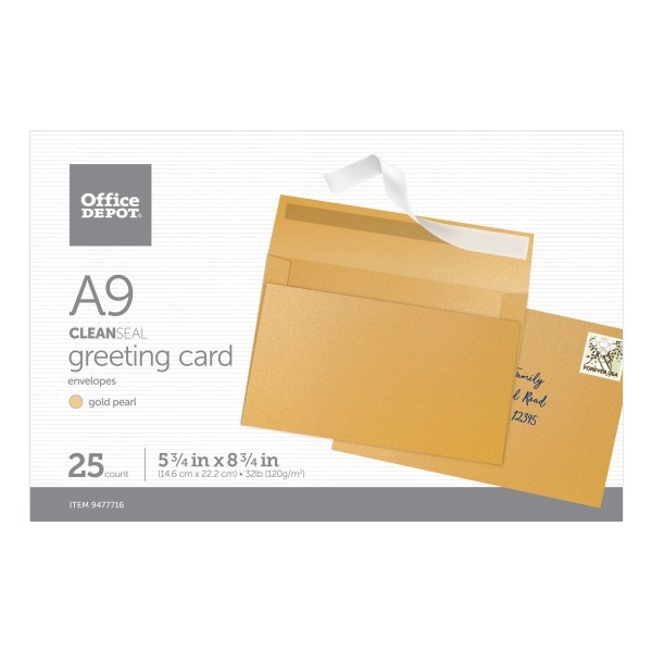 slide 1 of 3, Office Depot Brand Clean Seal Greeting Card Envelopes, A9, 5-3/4'' X 8-3/4'', Gold Pearl, Box Of 25 Envelopes, 25 ct