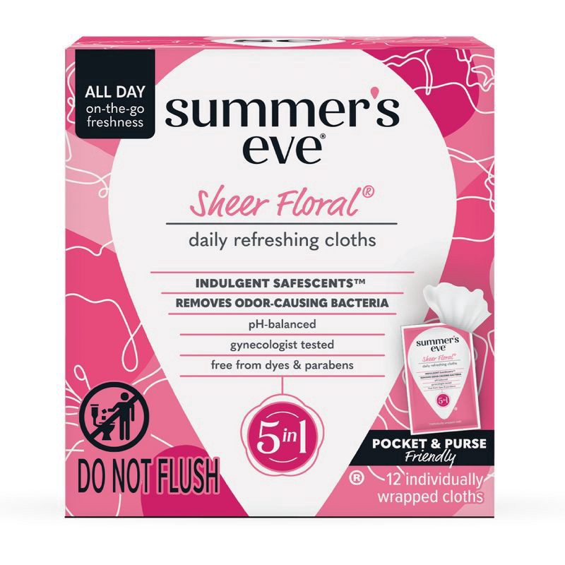 slide 1 of 8, Summer's Eve Sheer Floral Daily Feminine Wipes, Removes Odor, pH Balanced, 12 count, 12 ct