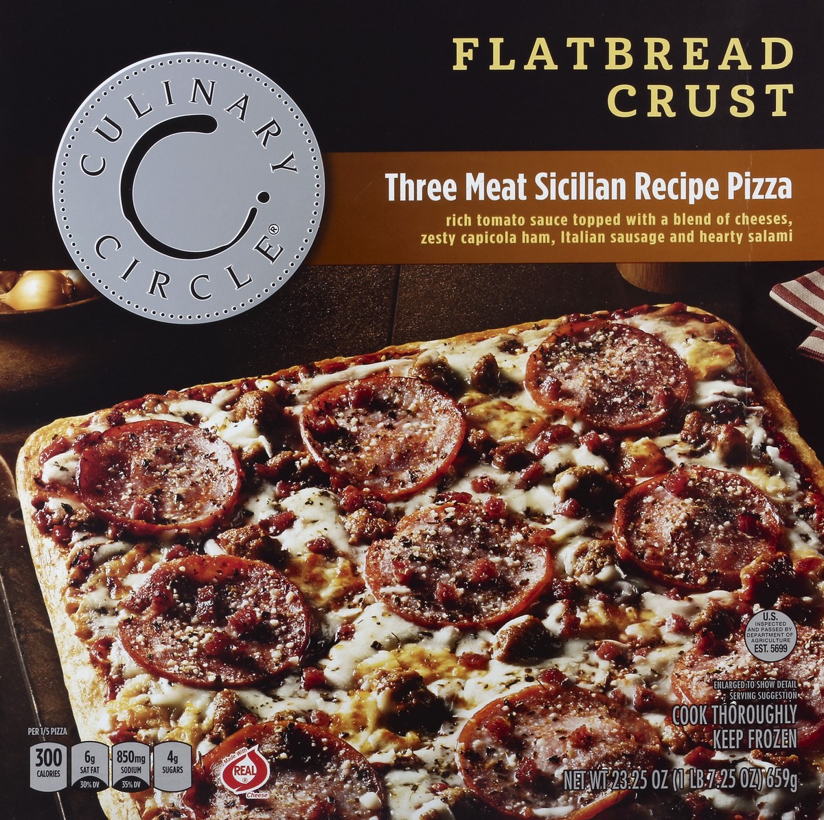 slide 5 of 6, Culinary Circle Three Meat Sicillian Flatbread Pizza, 23.25 oz