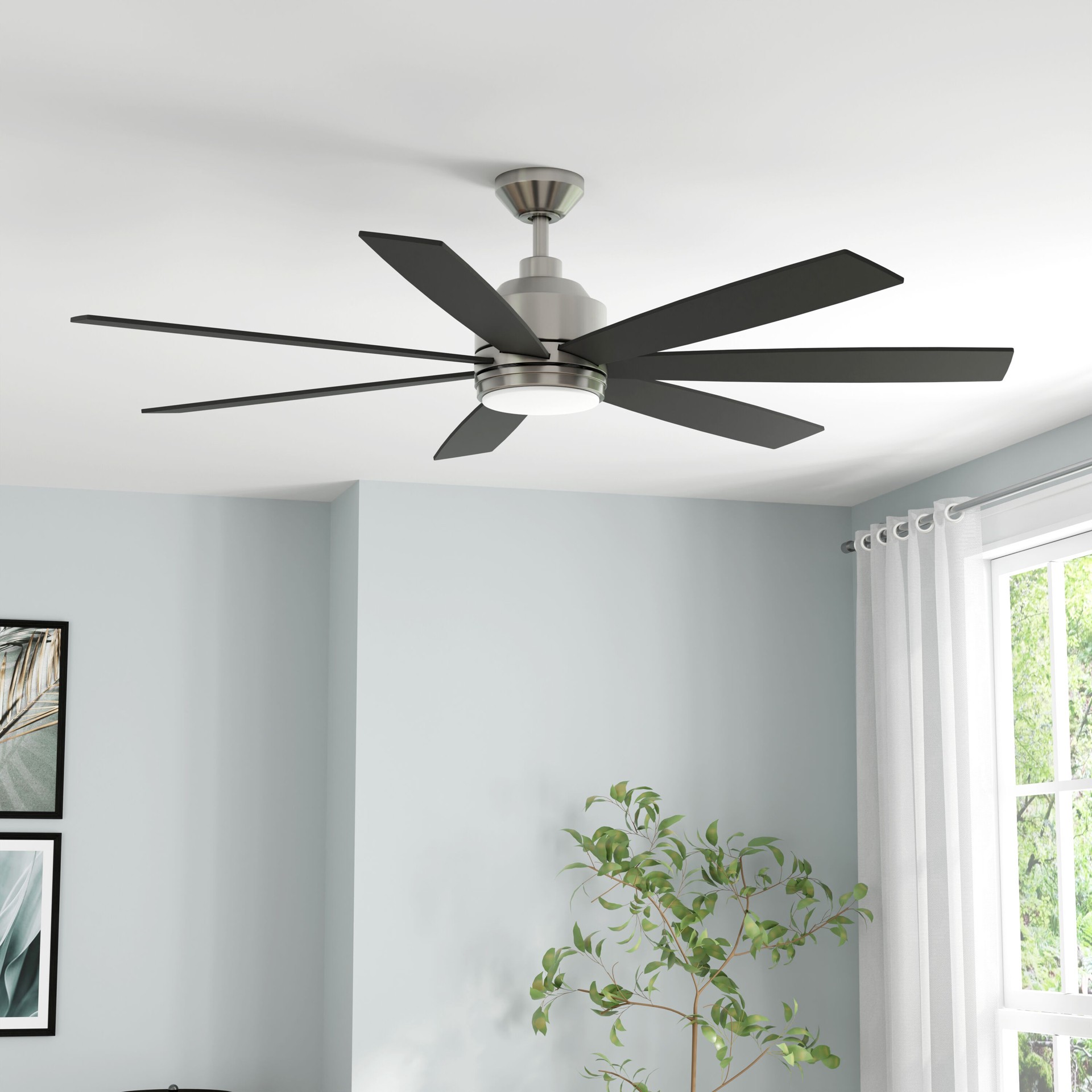 slide 1 of 6, Harbor Breeze Cogdell 60-in Brushed Nickel with Black/Auburn Blades Adjustable White LED Covered Outdoor Downrod or Flush Mount Ceiling Fan With Light and Remote Control Included 7 -Blade, 1 ct
