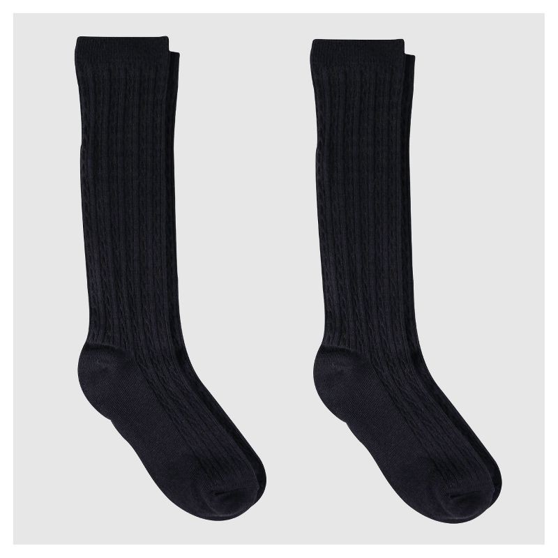 slide 1 of 3, Girls' 2pk Casual Knee High Socks - Cat & Jack™ Black S: Polyester Banded Cuff, Cable Knit, 2 ct