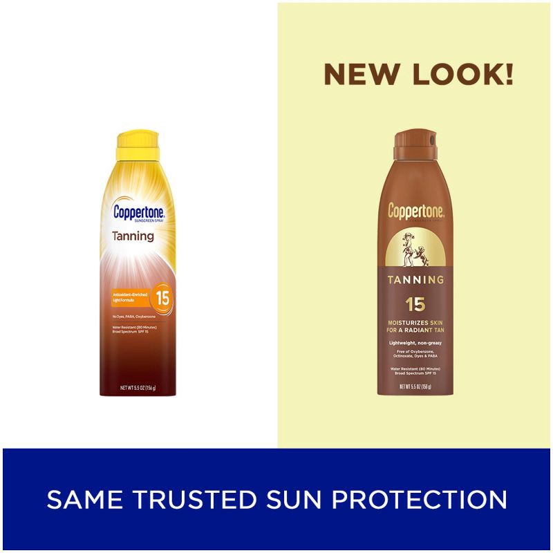 slide 2 of 15, Coppertone Tanning Sunscreen Spray - Water Resistant Spray Sunscreen - SPF 15 - 5.5oz, 5 x 5.5 oz