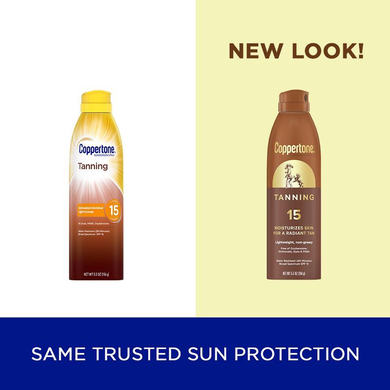 slide 13 of 15, Coppertone Tanning Sunscreen Spray - Water Resistant Spray Sunscreen - SPF 15 - 5.5oz, 5 x 5.5 oz