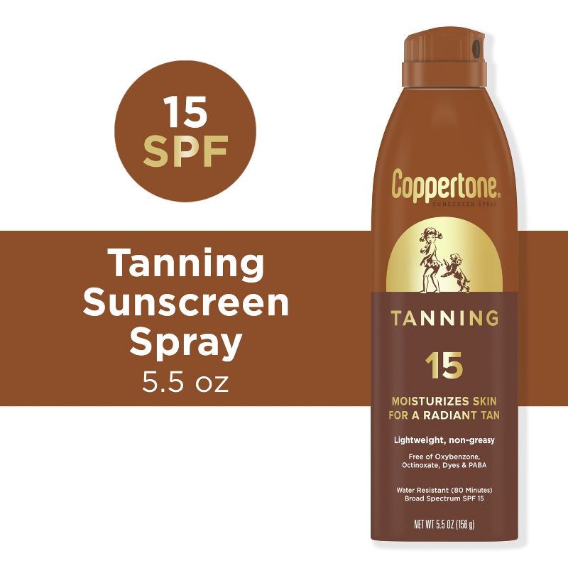 slide 16 of 16, Coppertone Tanning Sunscreen Spray - Water Resistant Spray Sunscreen - SPF 15 - 5.5oz, 15 x 5.5 oz