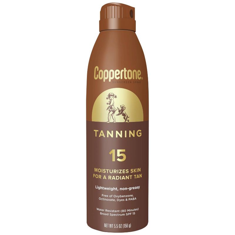 slide 1 of 15, Coppertone Tanning Sunscreen Spray - Water Resistant Spray Sunscreen - SPF 15 - 5.5oz, 5 x 5.5 oz