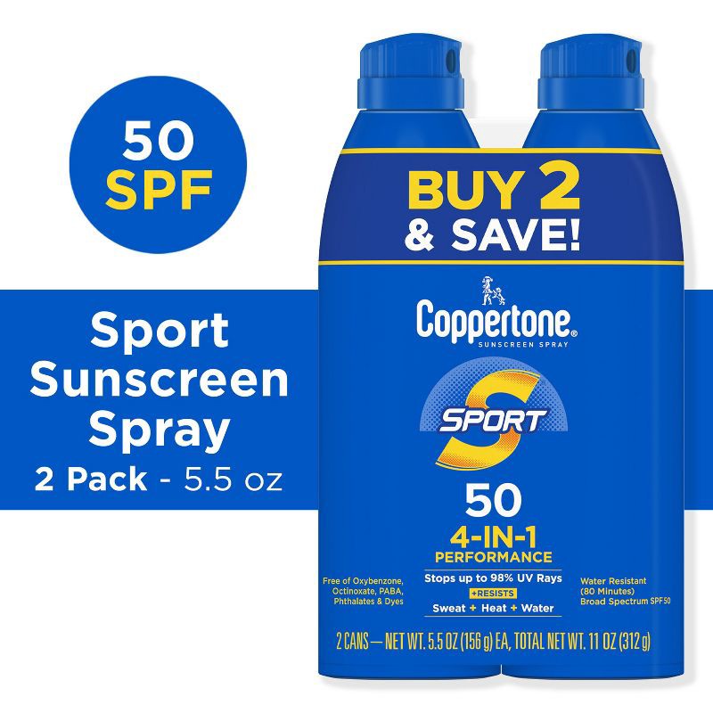 slide 3 of 12, Coppertone Sport Sunscreen Spray - SPF 50 - 11oz - Twin Pack, 50 x 11 oz