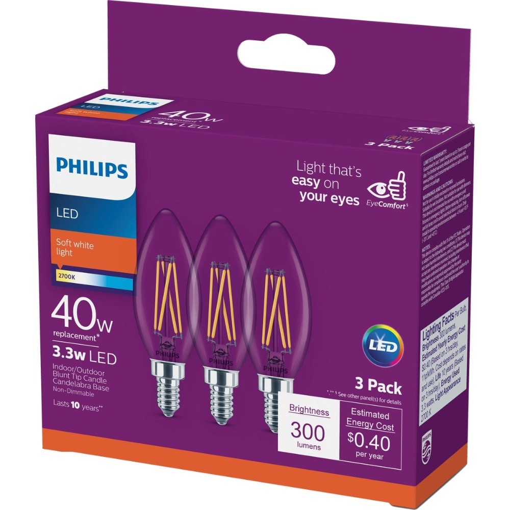 slide 2 of 3, Philips 33Watt 40Watt Candelabra Base Blunt Tip Candle B11 Led Light Bulbs Soft White, 3 ct