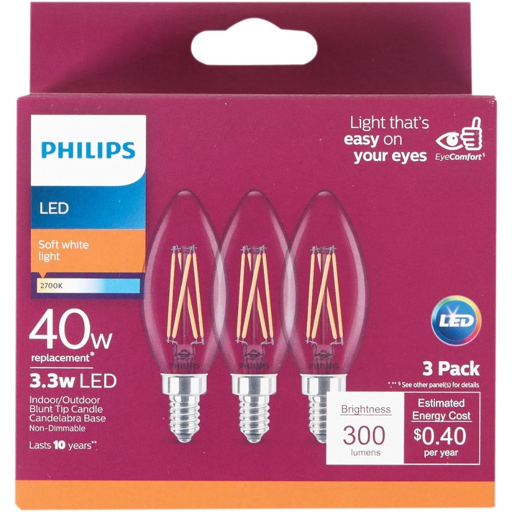 slide 3 of 3, Philips 33Watt 40Watt Candelabra Base Blunt Tip Candle B11 Led Light Bulbs Soft White, 3 ct