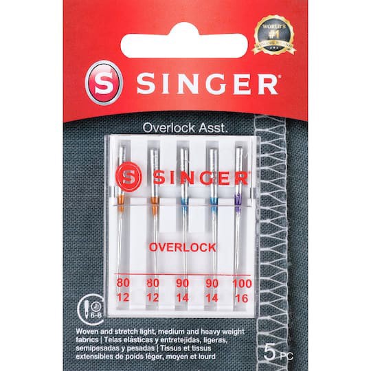 slide 1 of 6, SINGER Overlock Sewing Machine Needles, Size 80/12, 90/14, 100/16 - 5 Count, 5 ct