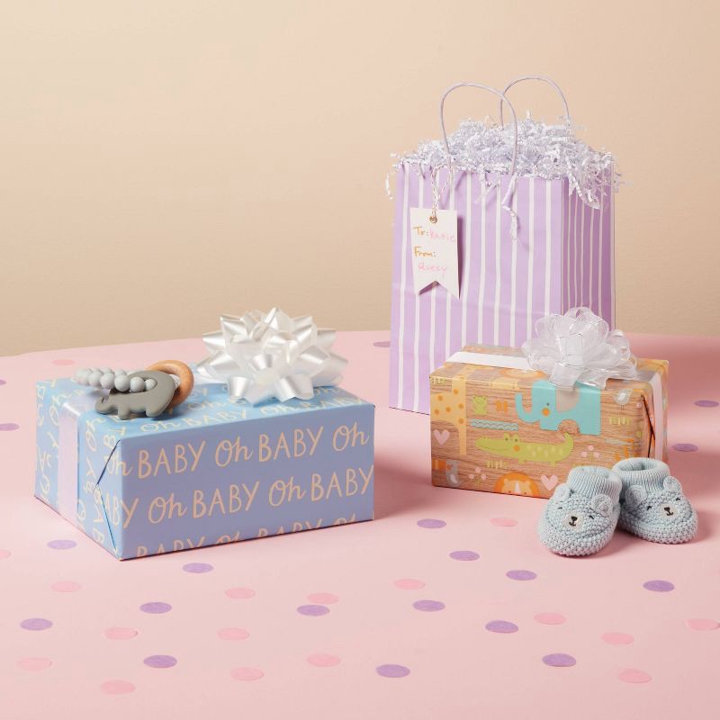 slide 2 of 3, 8x2.5' Baby Animals on Woodgrain Baby Shower Gift Wrapping Paper - Spritz™, 1 ct