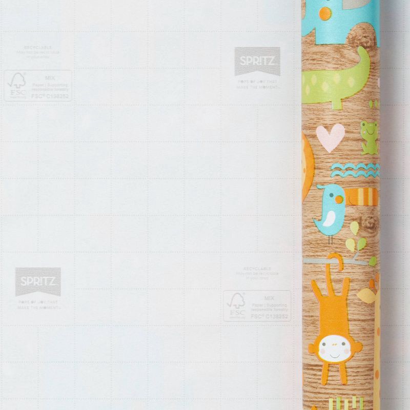 slide 3 of 3, 8x2.5' Baby Animals on Woodgrain Baby Shower Gift Wrapping Paper - Spritz™, 1 ct