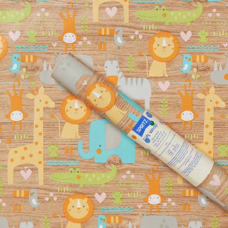 slide 1 of 3, 8x2.5' Baby Animals on Woodgrain Baby Shower Gift Wrapping Paper - Spritz™, 1 ct