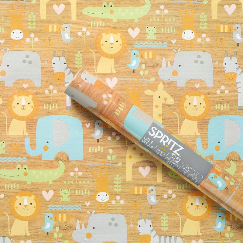 slide 1 of 3, 8x2.5' Baby Animals on Woodgrain Baby Shower Gift Wrapping Paper - Spritz™, 1 ct