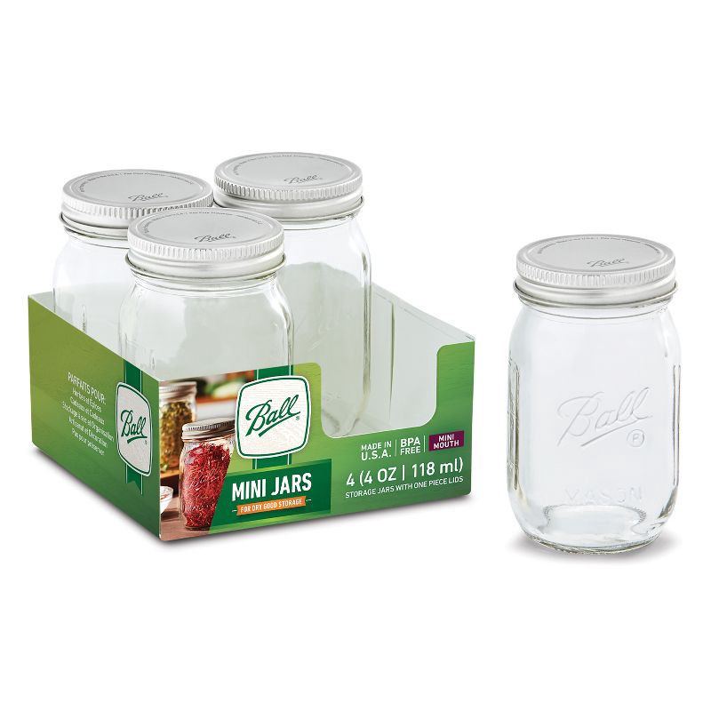 slide 3 of 4, Ball 4oz 4pk Glass Mini Mason Jar with Lid: Spice Storage, Clear Food Container Set, Dishwasher-Safe, Metal Lid, 4 ct; 4 oz