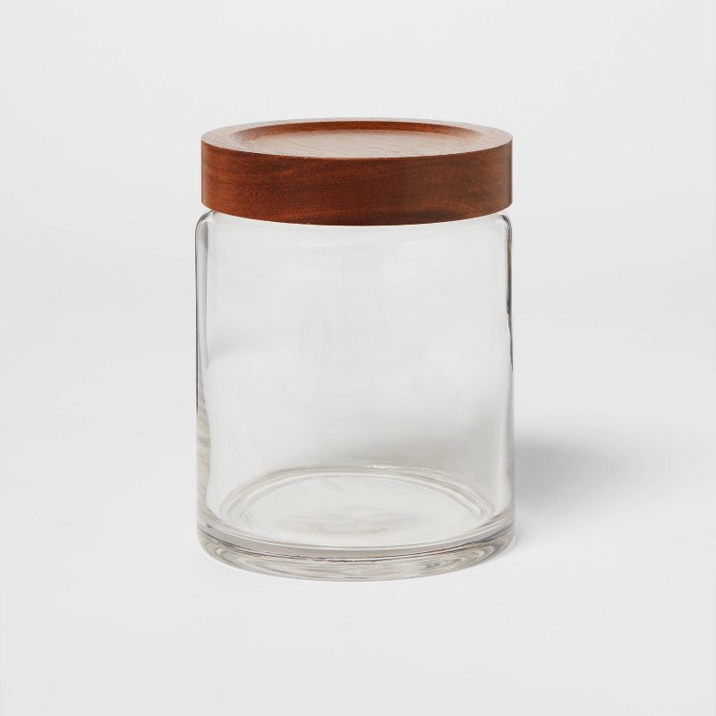 slide 1 of 4, Canister Acacia/Glass Medium - Threshold™: Traditional Style Decorative Glass Jar for Storage, 5.4" Height, 1 ct