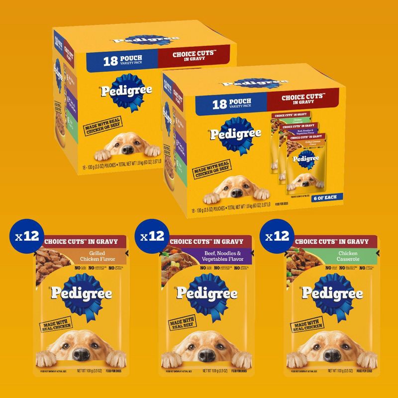 slide 9 of 17, Pedigree Choice Cuts in Gravy Chicken, Vegetable, and Beef Flavor Variety Pack Pouch Wet Dog Food - 3.5oz/18ct, 18 ct; 3.5 oz