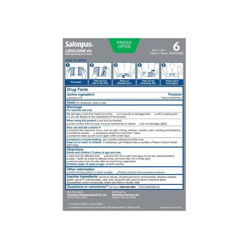 slide 2 of 6, Salonpas Lidocaine 4% Pain Relieving Gel Patch - Odor Free - 6ct, 6 ct