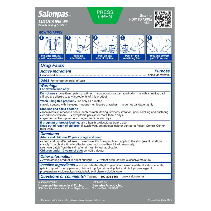slide 2 of 7, Salonpas Lidocaine 4% Pain Relieving Gel Patch - Odor Free - 6ct, 6 ct