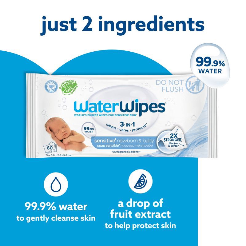 slide 4 of 12, WaterWipes Sensitive+ Newborn & Baby Wipes, 3-In-1 Cleans, Cares, Protects, 99.9% Water, Unscented & Hypoallergenic - 720ct, 720 ct