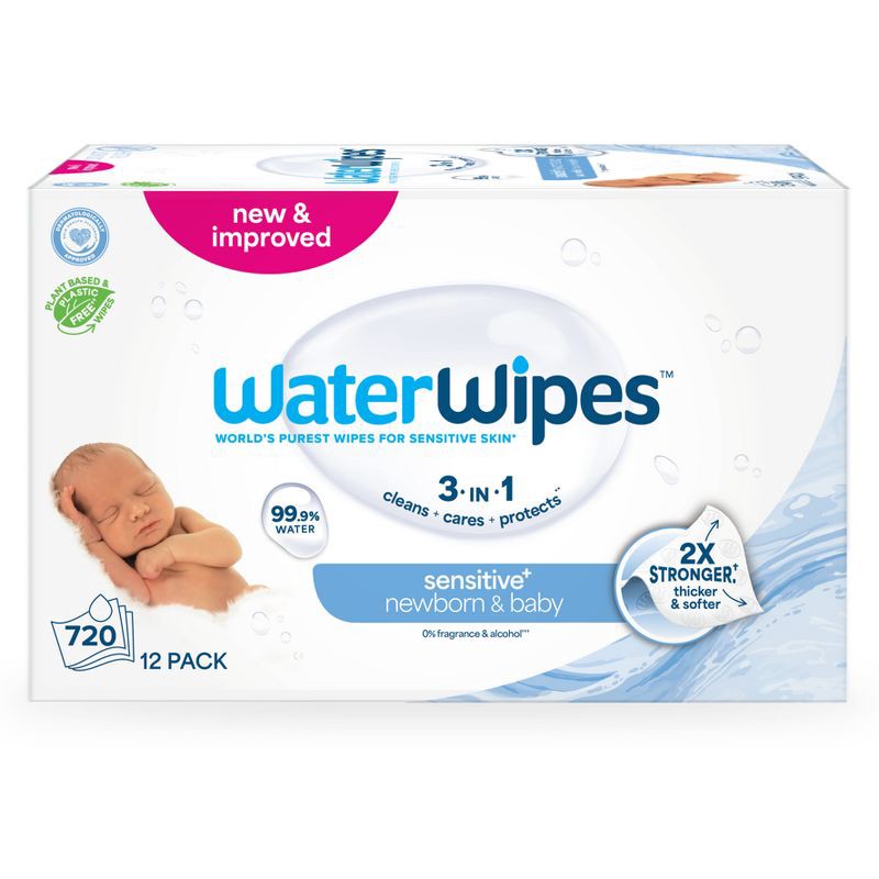 slide 1 of 12, WaterWipes Sensitive+ Newborn & Baby Wipes, 3-In-1 Cleans, Cares, Protects, 99.9% Water, Unscented & Hypoallergenic - 720ct, 720 ct