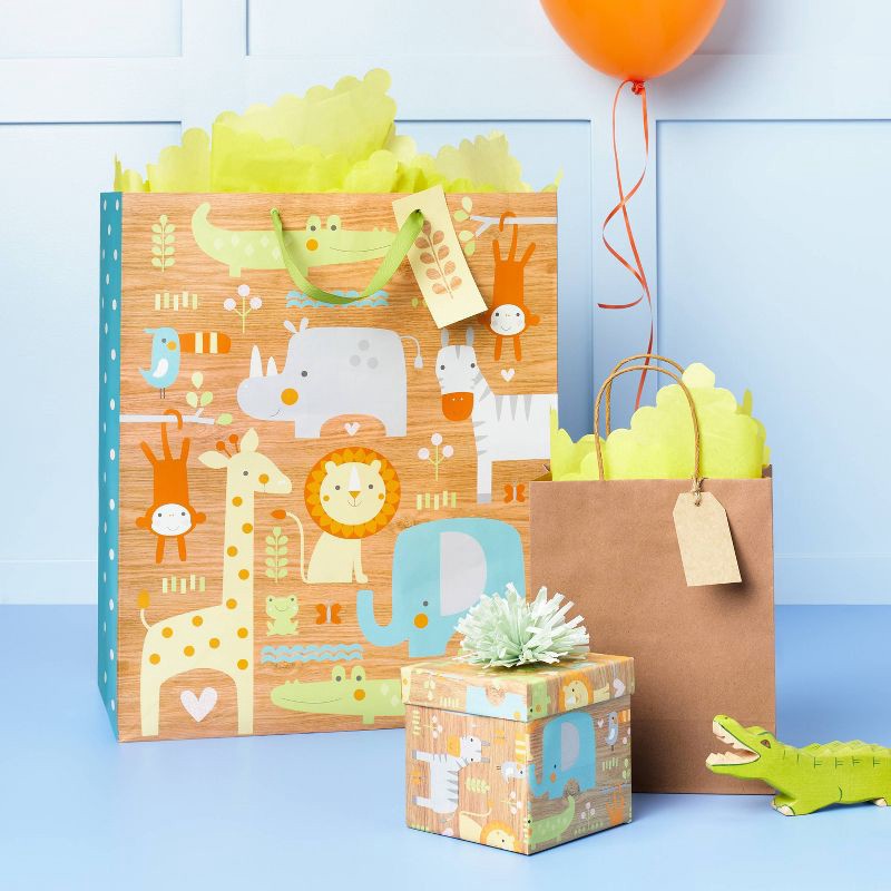 slide 2 of 3, Xlarge Animals on Woodgrain Baby Shower Gift Bag - Spritz™, 1 ct