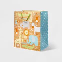 Xlarge Animals on Woodgrain Baby Shower Gift Bag - Spritz™: Multicolor Paper, Animal Icon Pattern, 19.25" Height
