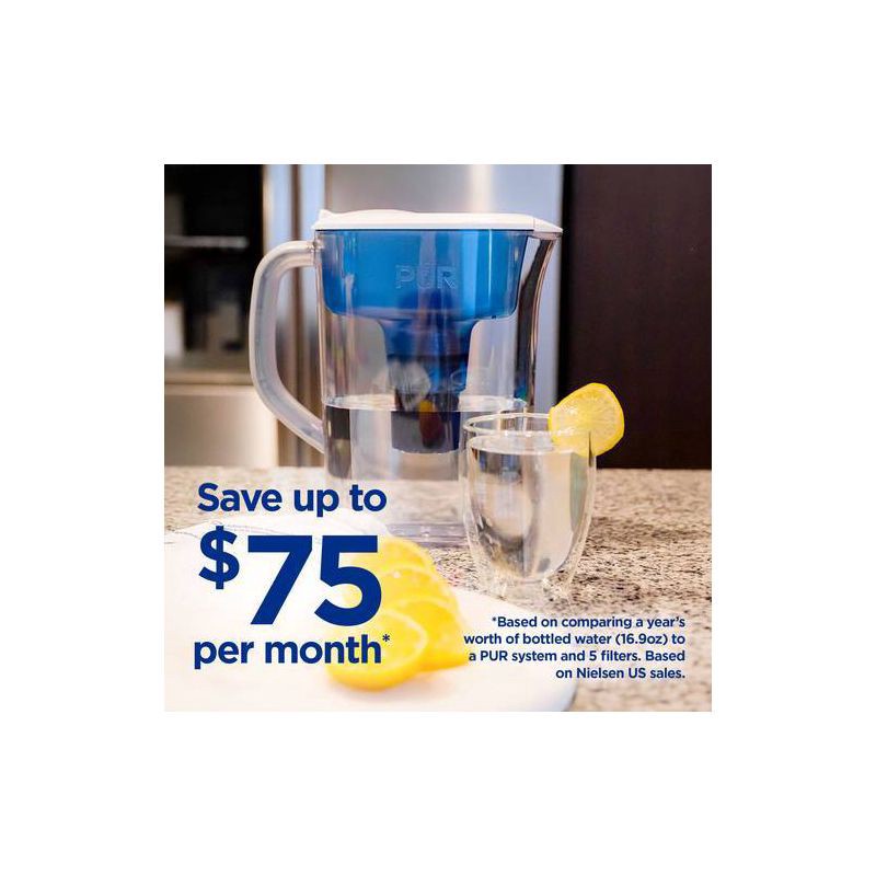 slide 4 of 10, PUR Filtration PUR 7 Cup Water Pitcher Filtration System White/Blue PPT700W: BPA-Free, Filters Chlorine & Mercury, 40-Gallon Capacity, 1 ct