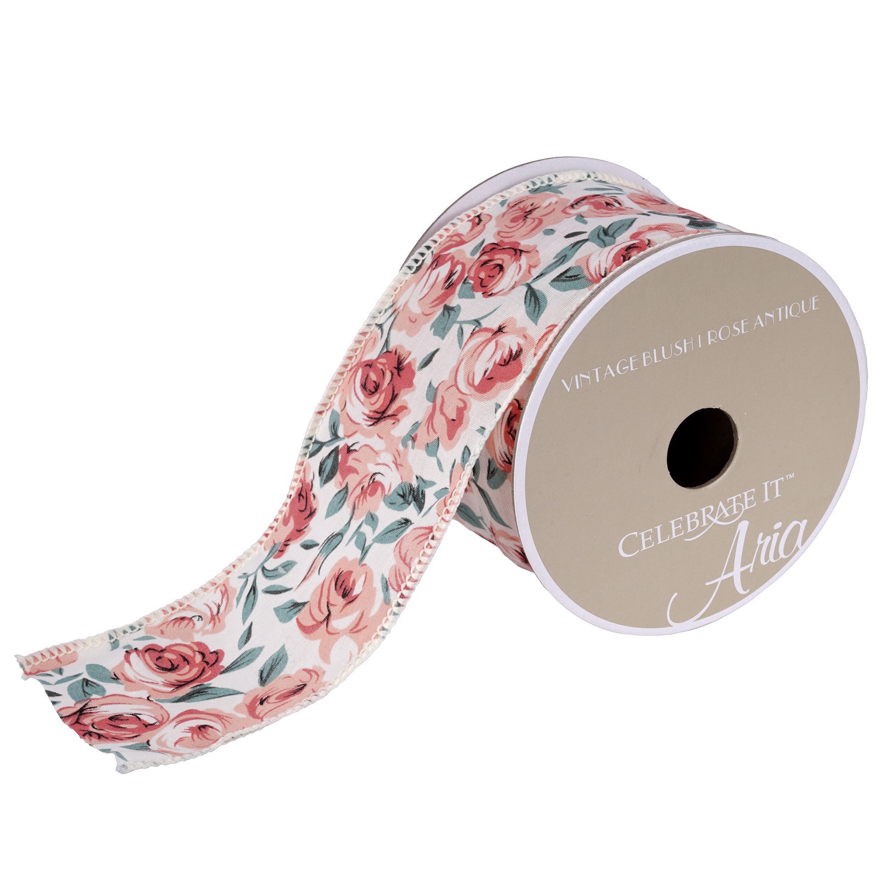 slide 2 of 2, 2.5" X 3yd. Floral Wired Ribbon By Celebrate It Aria Vintage Blush, 2.5 in x 3 yd