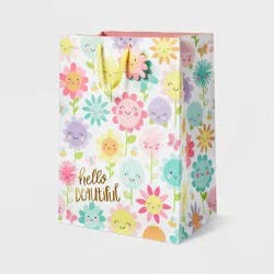 XLarge 'Hello Beautiful' Happy Floral Baby Shower Gift Bag - Spritz™: Multicolor Botanical for Baby Girl