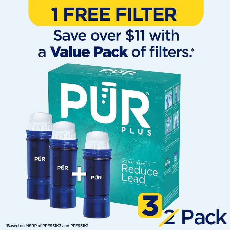 slide 3 of 11, PUR Filtration PUR PLUS Water Pitcher Replacement Filter - 3pk - PPF951K3: Reduces Odors, Filters Chlorine & Mercury, Blue, 3 ct