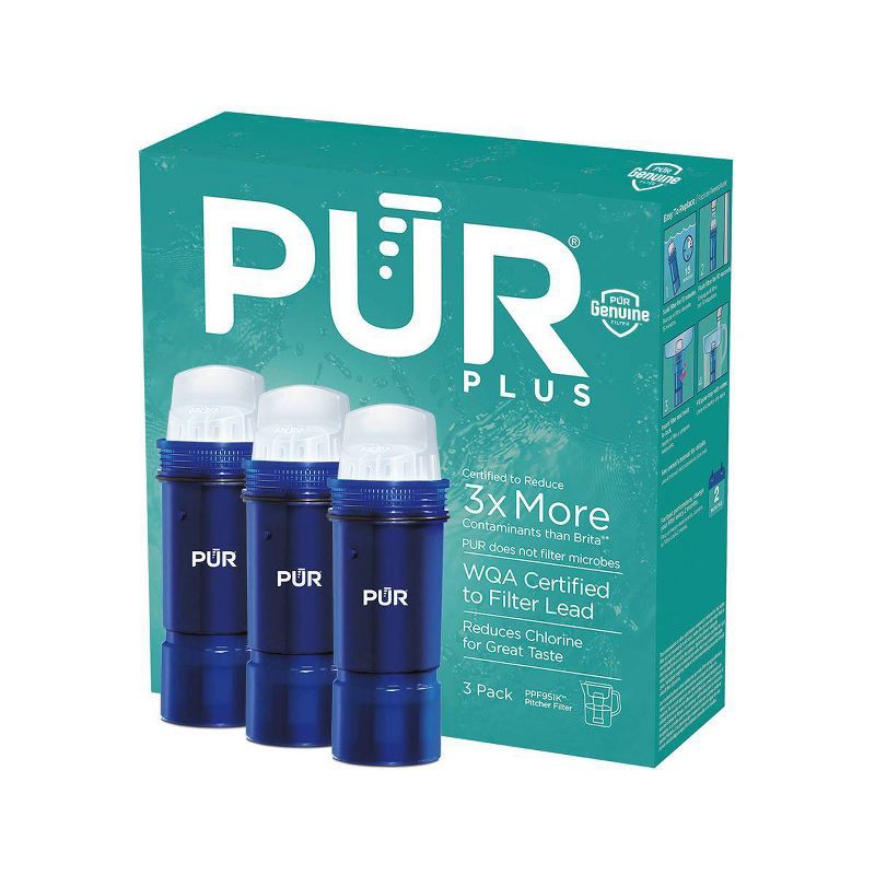 slide 1 of 9, PUR Filtration PUR PLUS Water Pitcher Replacement Filter - 3pk - PPF951K3: Reduces Odors, Filters Chlorine & Mercury, Blue, 3 ct