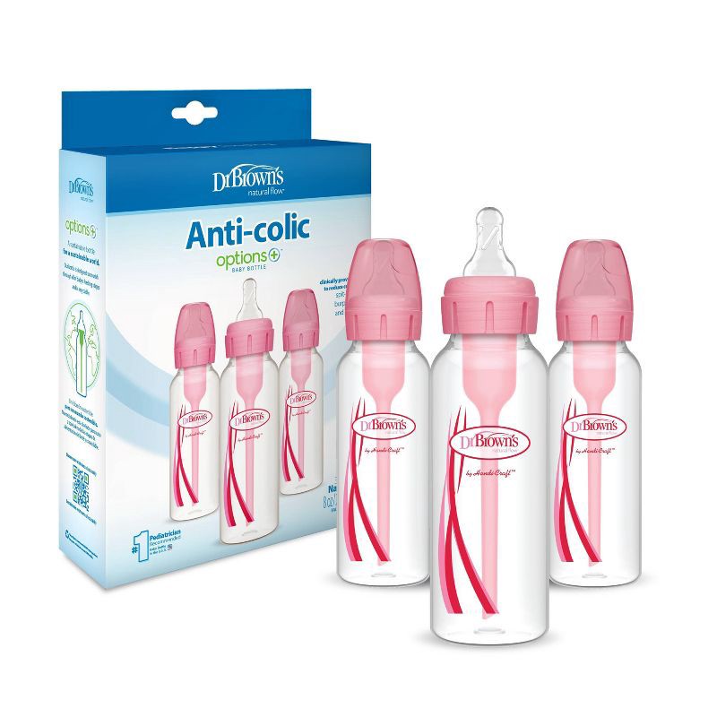 slide 3 of 13, Dr. Brown's 8oz Anti-Colic Options+ Narrow Baby Bottle with Level 1 Slow Flow Nipple - 3pk - 0m+ - Pink, 3 ct; 8 oz