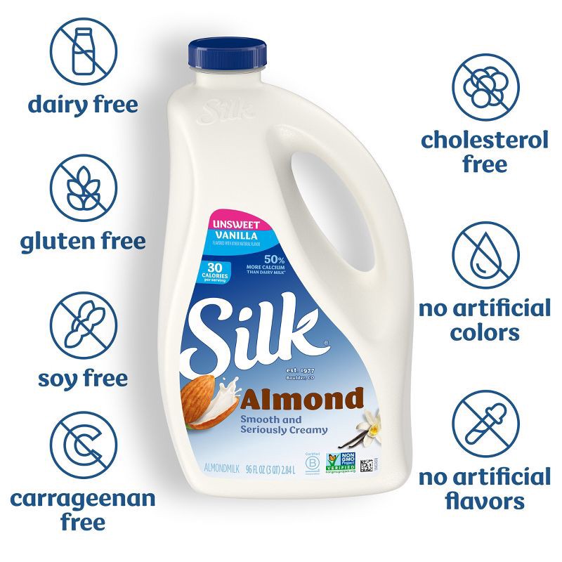 slide 3 of 8, Silk Unsweetened Vanilla Almond Milk - 96 fl oz, 96 fl oz