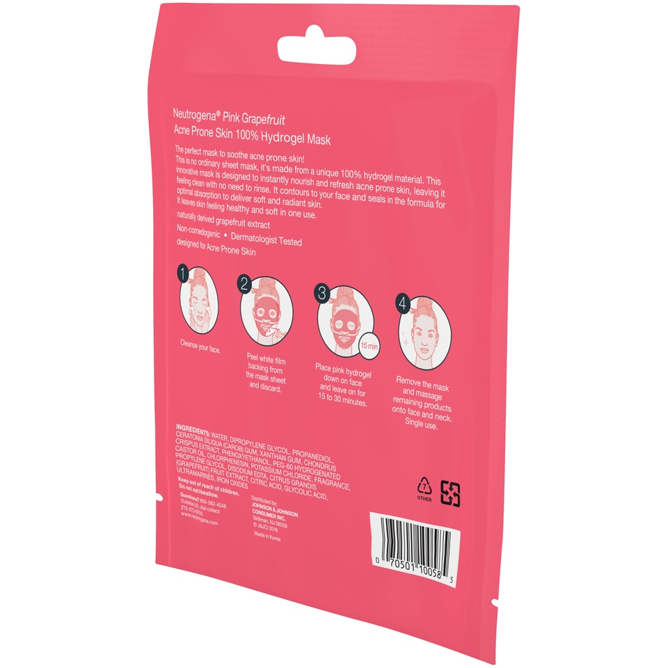 slide 2 of 6, Neutrogena Pink Grapefruit 100% Hydrogel Acne Sheet Face Mask with Naturally-Derived Grapefruit Extract, Single-Use Soothing & Refreshing Acne-Fighting Face Mask, Non-Comedogenic, 1 ct