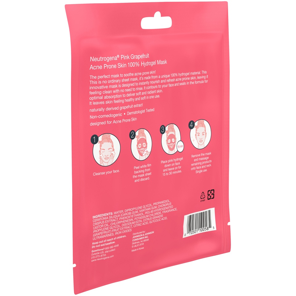 slide 6 of 6, Neutrogena Pink Grapefruit 100% Hydrogel Acne Sheet Face Mask with Naturally-Derived Grapefruit Extract, Single-Use Soothing & Refreshing Acne-Fighting Face Mask, Non-Comedogenic, 1 ct