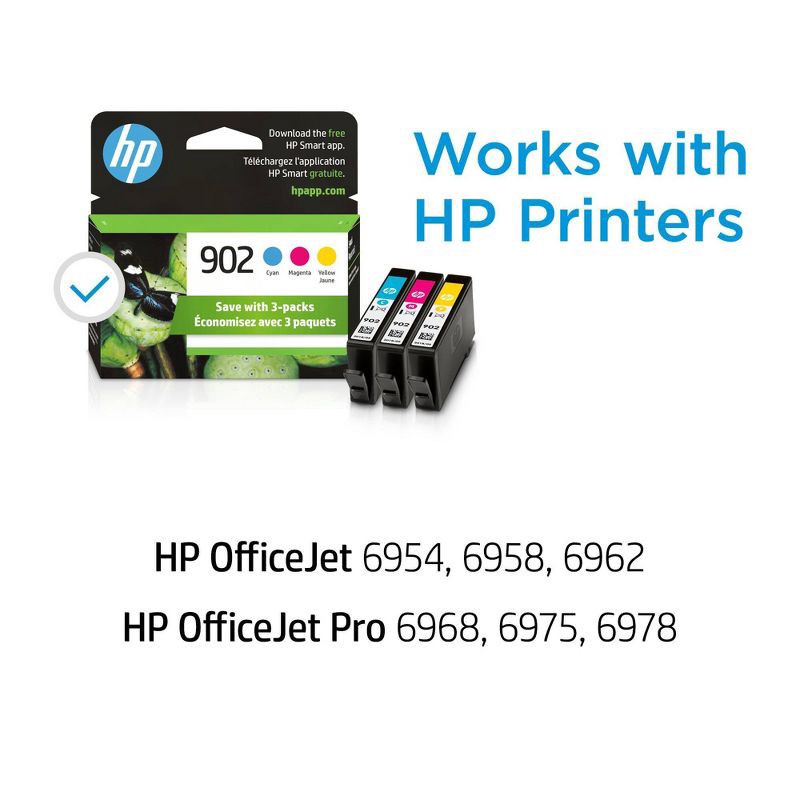 slide 9 of 16, HP Inc. HP 902 C/M/Y 3pk Ink Cartridges - Cyan, Magenta, Yellow (T0A38AN#140): Standard Yield, Multiple Colors, 3 ct