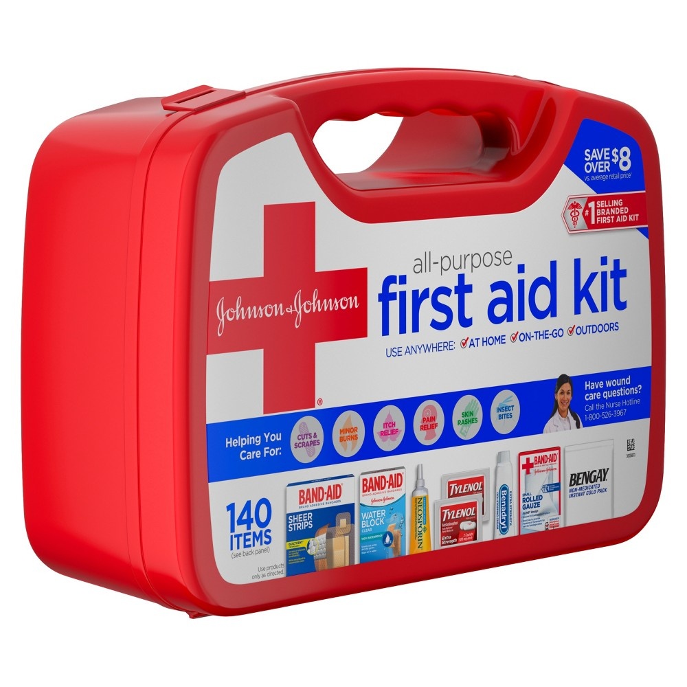 slide 2 of 8, Johnson & Johnson All-Purpose Portable Compact First Aid Kit, 140 ct