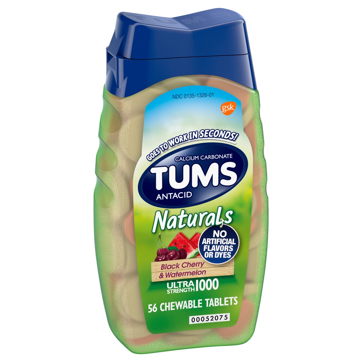 slide 2 of 9, TUMS Naturals Ultra Strength Antacid Chews for Heartburn Relief, Black Cherry & Watermelon - 56 Count, 56 ct