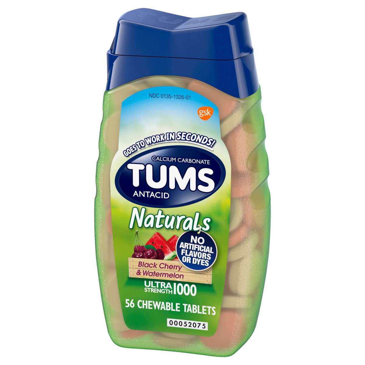 slide 3 of 9, TUMS Naturals Ultra Strength Antacid Chews for Heartburn Relief, Black Cherry & Watermelon - 56 Count, 56 ct