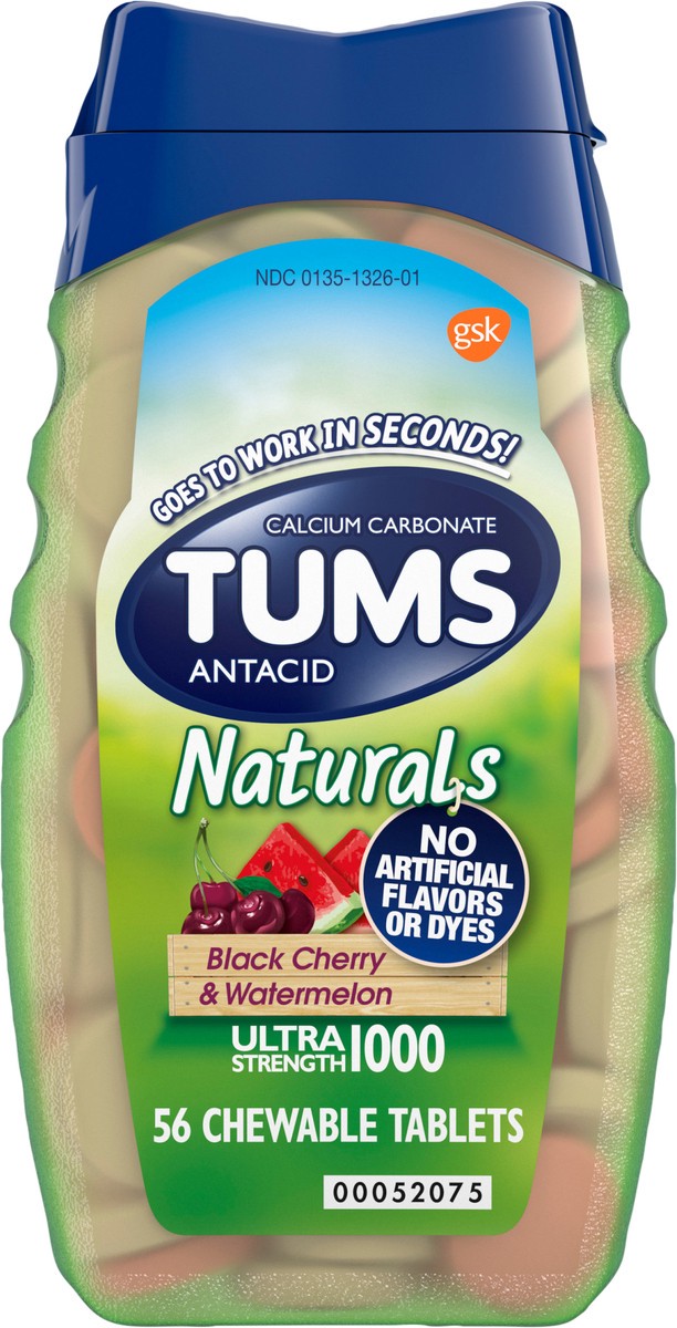 slide 8 of 9, TUMS Naturals Ultra Strength Antacid Chews for Heartburn Relief, Black Cherry & Watermelon - 56 Count, 56 ct