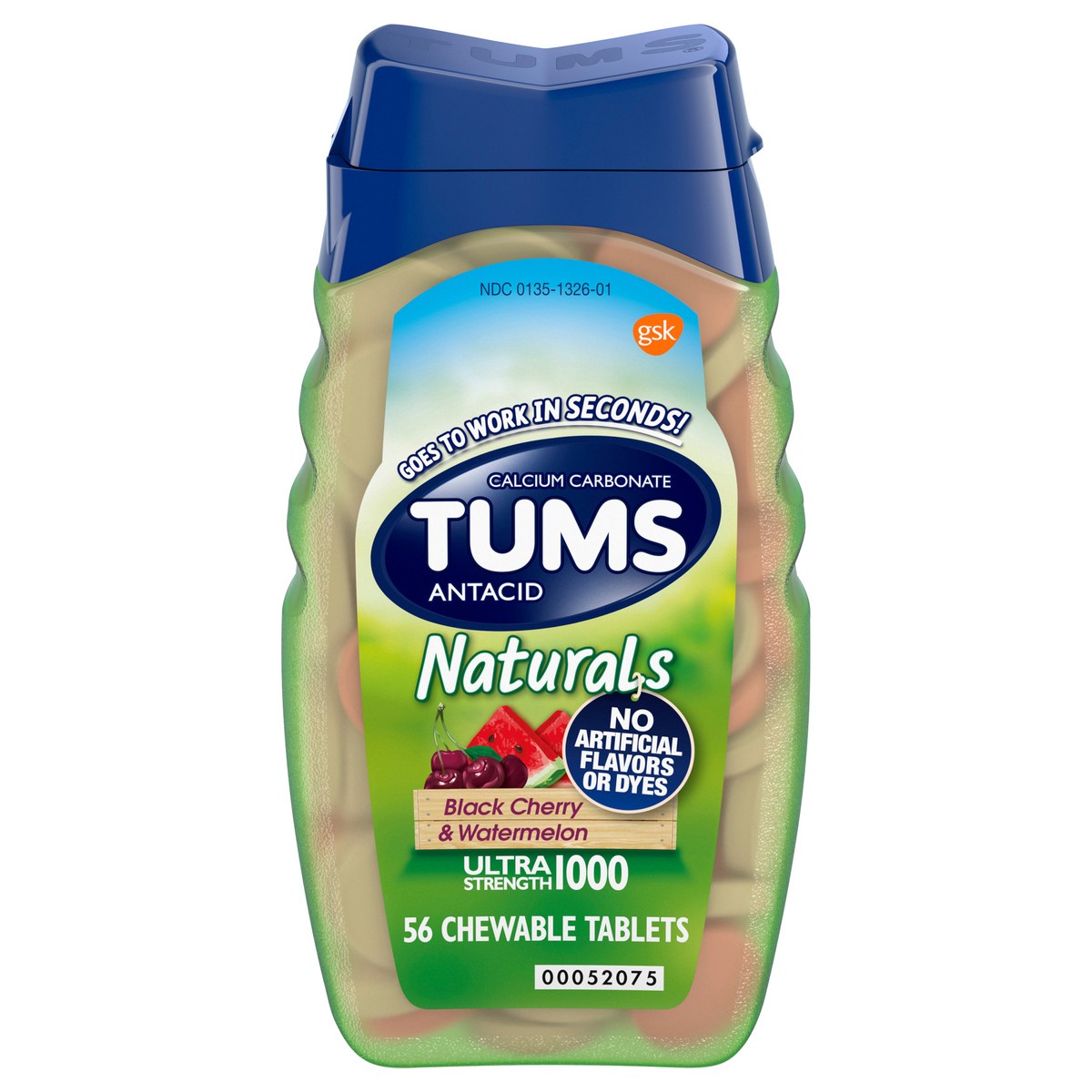 slide 1 of 9, TUMS Naturals Ultra Strength Antacid Chews for Heartburn Relief, Black Cherry & Watermelon - 56 Count, 56 ct