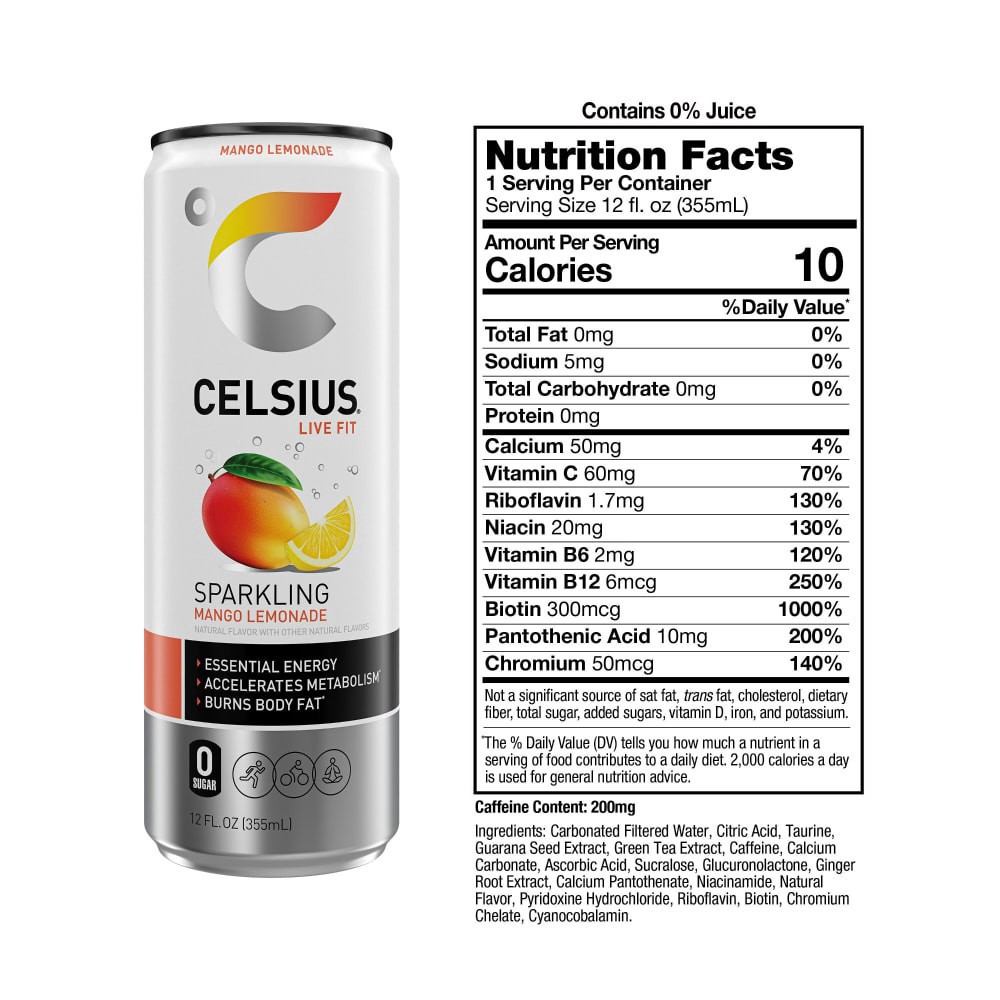 slide 2 of 5, CELSIUS Sparkling Mango Lemonade, Functional Energy Drink 12 Fl Oz Single Can, 12 fl oz