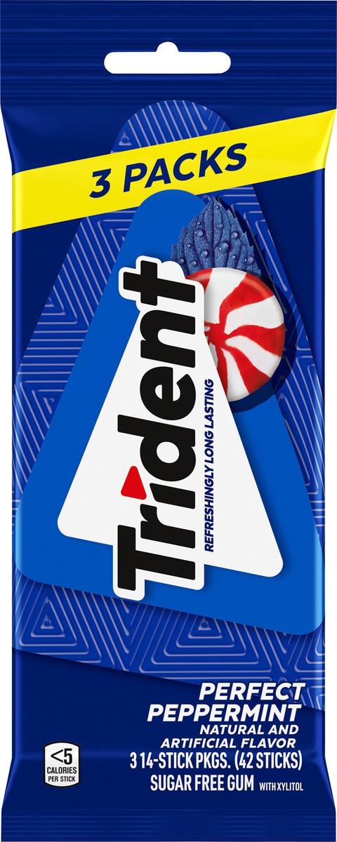 slide 2 of 9, Trident Perfect Peppermint Sugar Free Gum, 3 Packs of 14 Pieces (42 Total Pieces), 2.81 oz