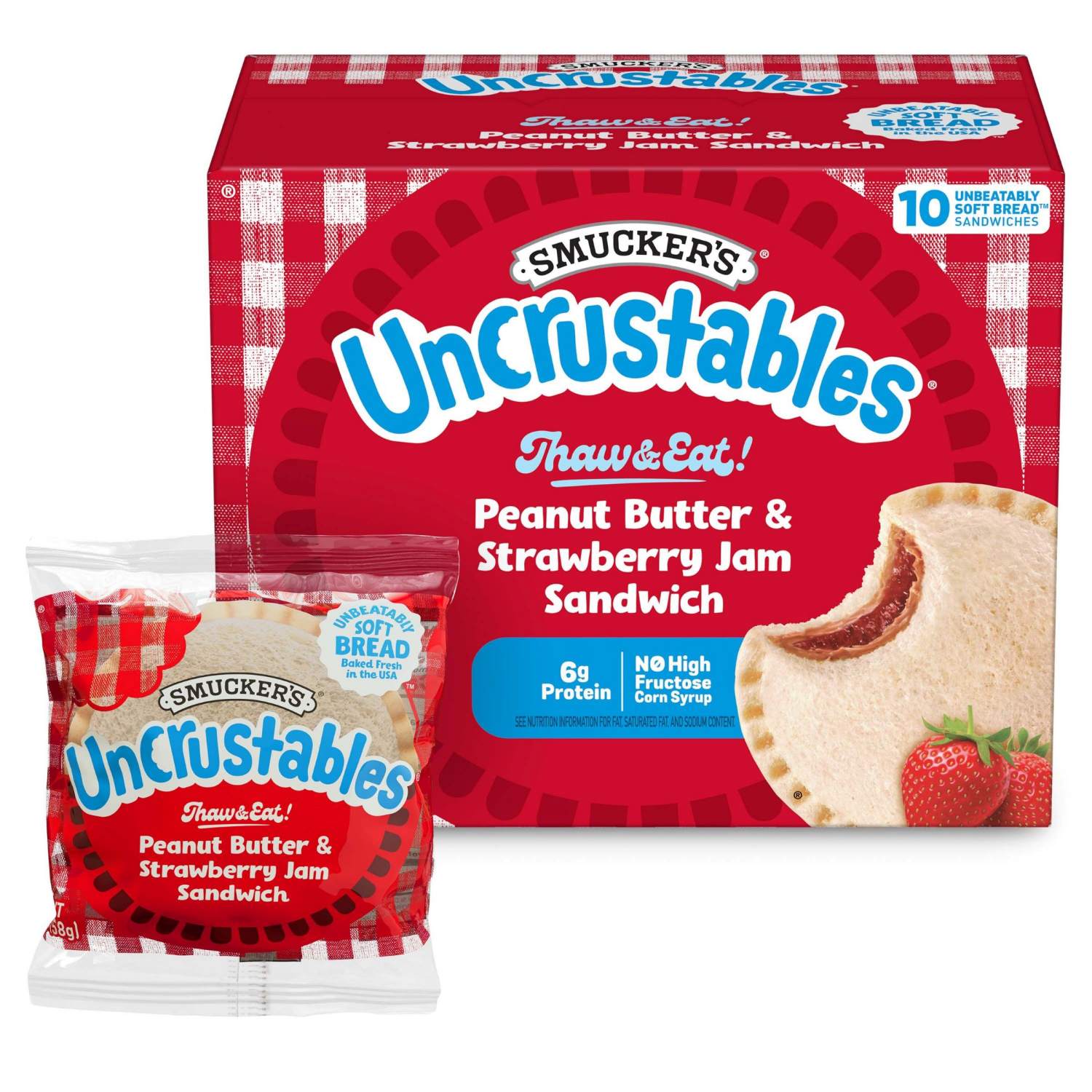 slide 7 of 8, Smucker's Smucker’s Uncrustables Peanut Butter & Strawberry Jam Sandwiches, 10 Count, 2 Oz. Each, Frozen, 10 ct; 2 oz