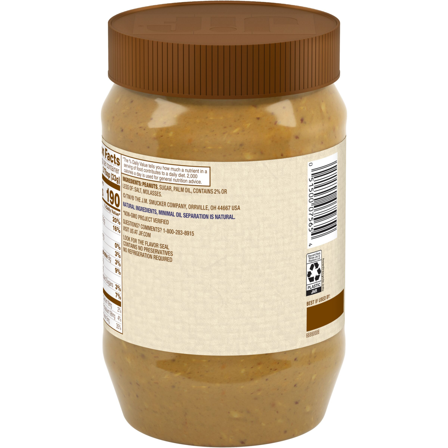 slide 6 of 6, Jif Natural Crunchy Peanut Butter Spread – Contains 90% Peanuts, 40 Ounces, 40 oz