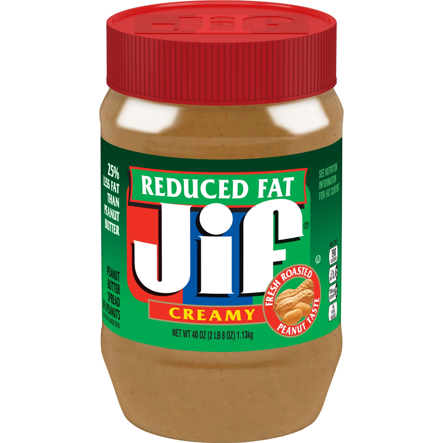 slide 1 of 2, Jif Reduced Fat Creamy Peanut Butter Spread - 60% Peanuts, 40 Ounces, 40 oz