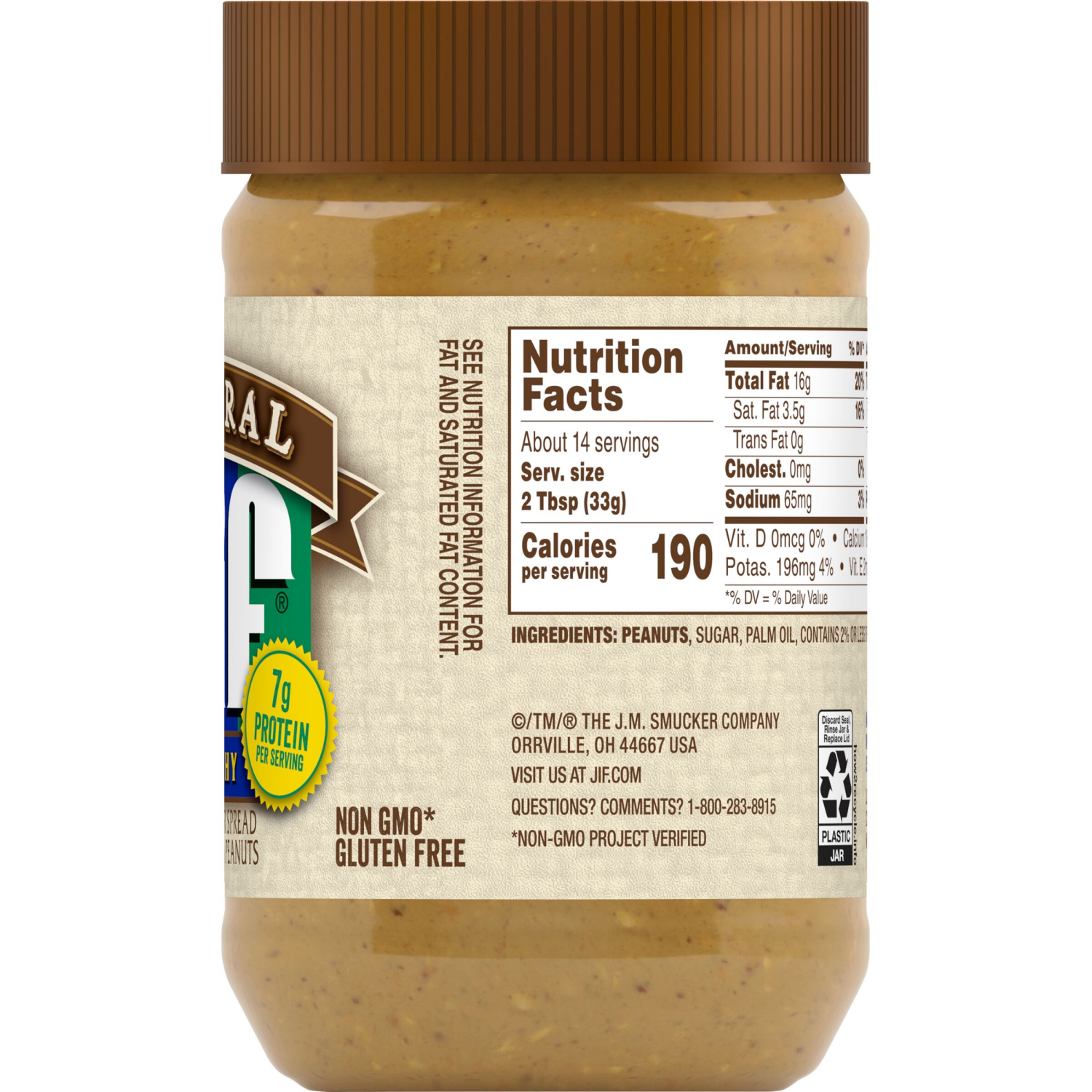 slide 4 of 6, Jif Natural Crunchy Peanut Butter Spread – Contains 90% Peanuts, 16 Ounces, 16 oz
