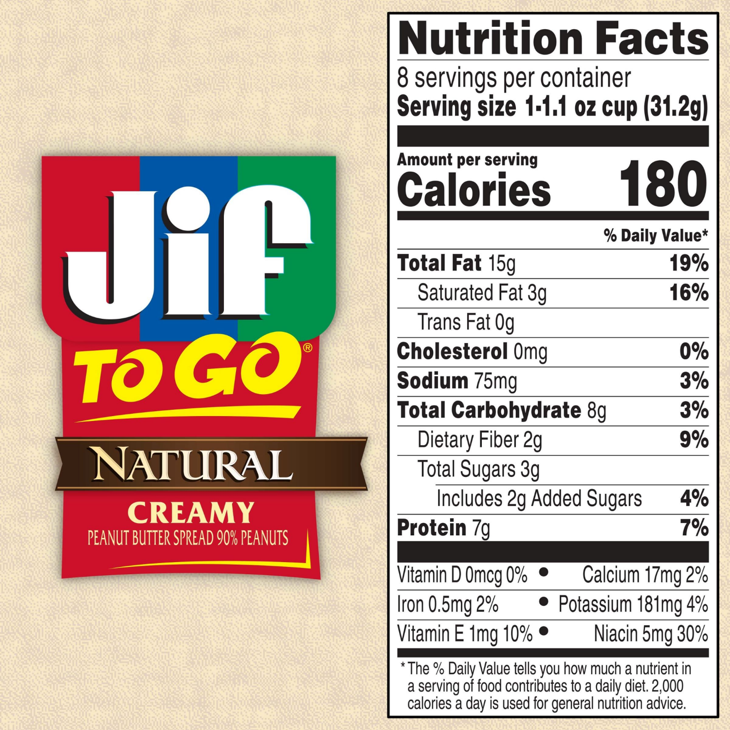 slide 7 of 7, Jif To Go Natural Peanut Butter Snack Cups, 8 ct / 1.1 oz